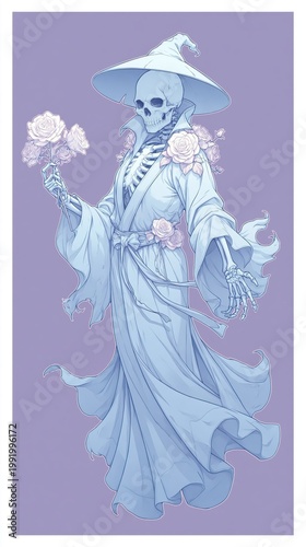 Skeleton Wizard Character Design in Light Blue Robe Holding Roses on Purple Background