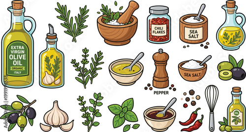 Cooking ingredients cartoon vector collection with olive oil, herbs, spices, garlic and seasonings, organic kitchen illustration set for healthy food design