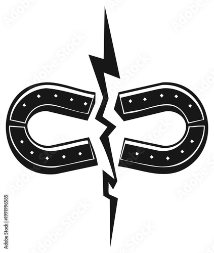 Two horseshoe halves connected by a lightning bolt symbol representing a break or disruption