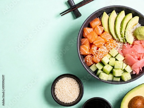 Fresh salmon poke bowl with avocado and cucumber on pastel mint green background