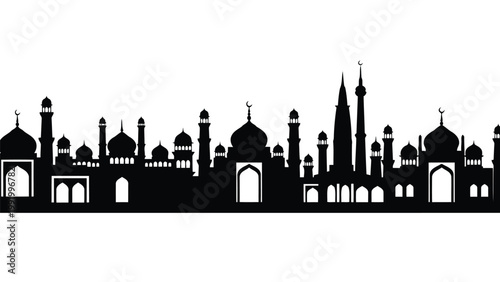 Silhouette skyline of iconic architectural landmarks with domes and minarets.