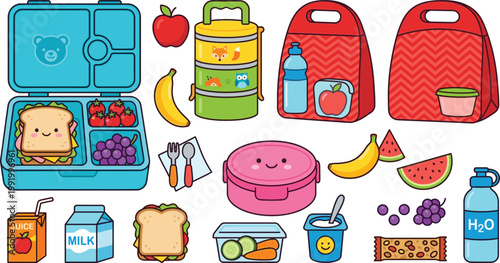 Cute school lunch vector set with lunchbox backpack food containers fruits snacks and drinks colorful cartoon elements isolated on white background
