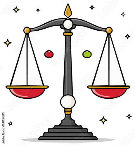Cartoon scale of justice with balanced pans and floating objects