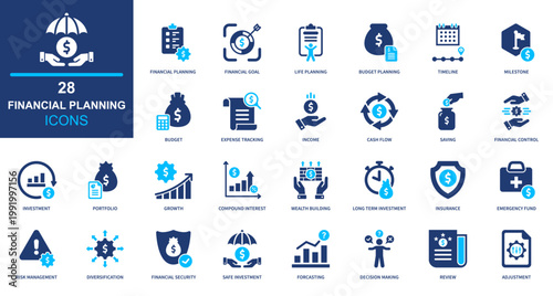 Financial planning icon set. solid style icon collection.