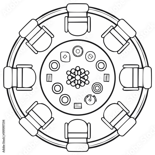 Round table with eight chairs showcasing plates and serving dishes in line drawing format for design layouts