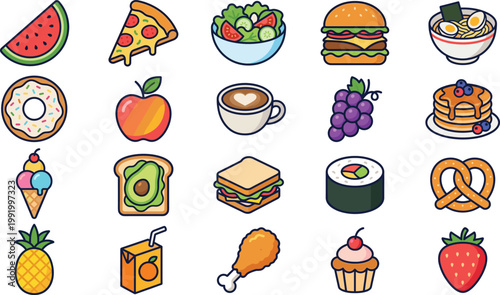 Food icon cartoon vector collection with fruits, fast food, desserts and drinks, colorful meal illustration set for menu, app and UI design