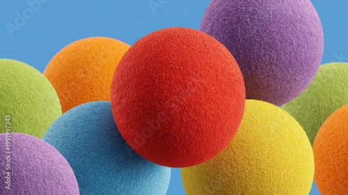 Vibrant Multi-Colored Textured Spheres Floating Together Against a Bright Blue Background