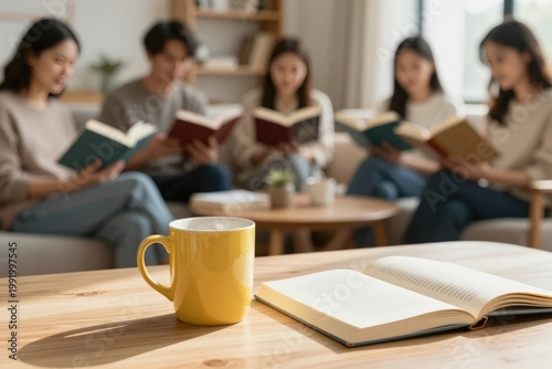 Group of people reading books in a cozy room during a relaxed meeting in the afternoon