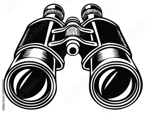 Black and white illustration of binoculars. Perspective view of optical equipment for surveillance, searching or spying.