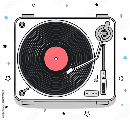 Retro turntable with spinning vinyl record and colorful abstract stars