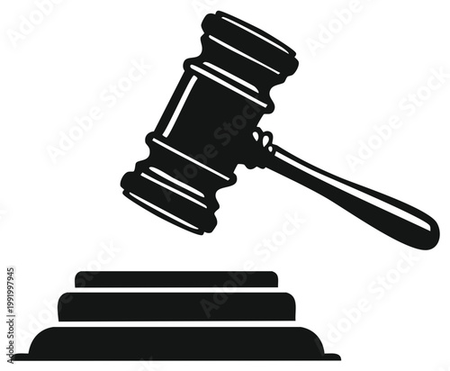 Silhouette of a gavel poised to strike a block symbolizing justice authority and legal decisions
