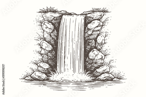 Detailed Woodcut Style Vector Illustration of a Serene Waterfall Cascading Down Rocky Cliffs Surrounded by Wild Vegetation and Foliage