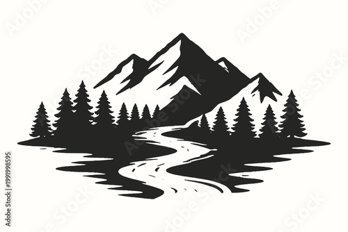 Modern minimalist vector illustration of a winding river leading to a mountain peak silhouette for nature travel and outdoor adventure branding