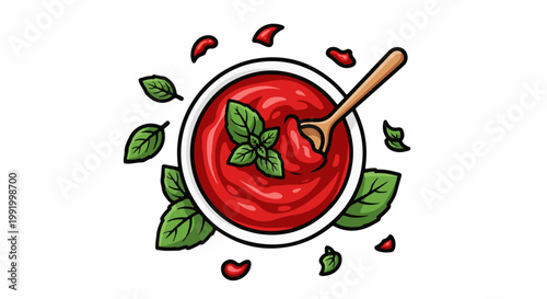 A delicious bowl of red sauce with fresh green basil, surrounded by scattered leaves and drops