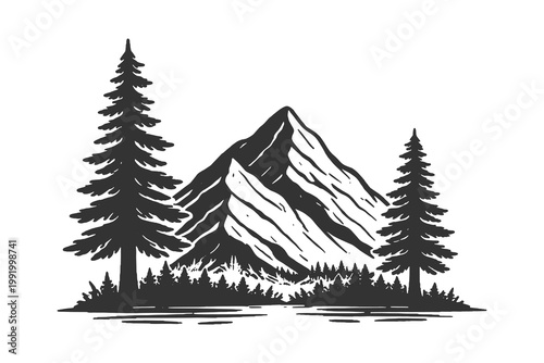 Modern minimalist vector illustration of twin pine trees beside a mountain peak for outdoor adventure emblems and nature enthusiast branding