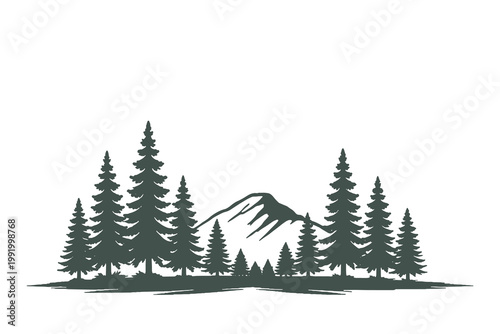 High contrast vector silhouette illustration of a forest surrounding a mountain peak for clean outdoor badges and adventure sports graphic design