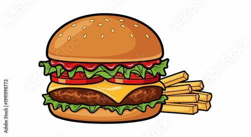 A delicious burger with melted cheese, fresh lettuce, tomatoes, ketchup, and a side of golden fries