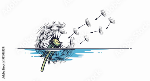 A dandelion puffball's seeds are carried away by the wind over a blue watery reflection