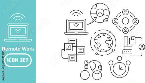Remote Work and Global Connectivity Icon Set: Line Vector Symbols for Digital Nomad, Worldwide Freelance Business, Satellite Internet, Online Team Networking and Cloud Computing