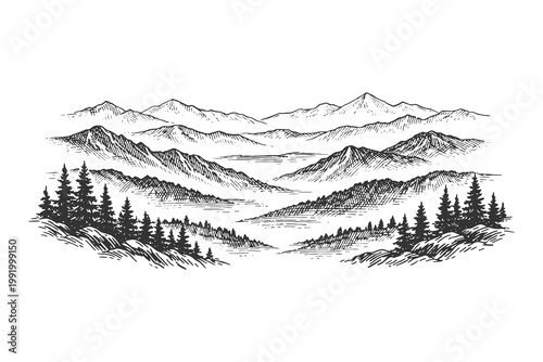 Vintage etching style vector illustration of rolling mountain hills and distant peaks for travel branding and nature conservation graphic design