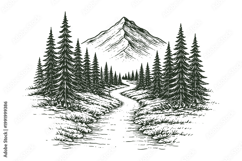 Obraz premium Vintage engraving style vector illustration of a winding river flowing through a pine forest with a majestic mountain peak in the background
