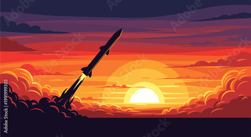 A dark rocket ascends into a vibrant, pixelated sunset sky, leaving a trail of fiery exhaust