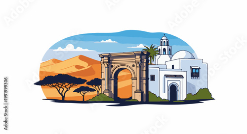 A desert scene with an ancient archway and whitewashed buildings under a blue sky