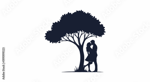 A dark silhouette of a couple embracing beneath a large tree on a white background