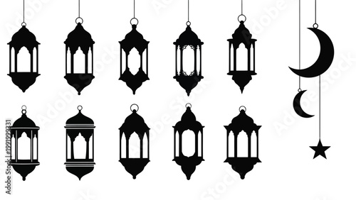 Elegant black lanterns and celestial symbols against a white background