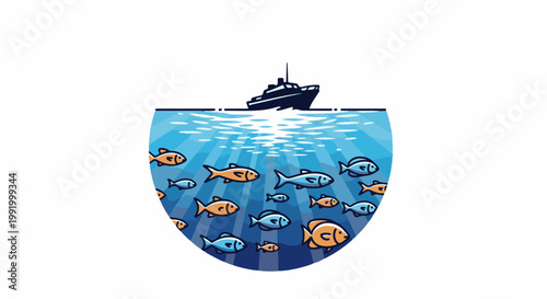 A dark silhouette of a boat sails above a school of brightly colored fish swimming in blue ocean depths