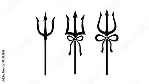 Three tridents with decorative bows at the top displayed in a row