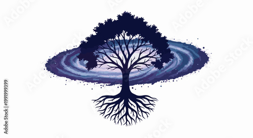 A dark silhouette of a tree with extensive roots, set against a swirling, starry galaxy background