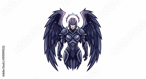 A dark-winged warrior in ornate armor with a halo