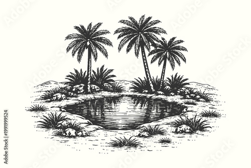 Traditional etching style vector illustration of a desert oasis with a water pond and palm trees for travel adventure and nature landscape design