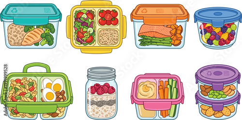 Lunch box meal prep cartoon vector collection with healthy food containers, snacks and salads, organized diet illustration set for kitchen and lifestyle design