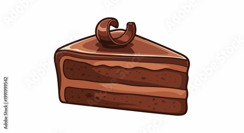 A decadent slice of layered chocolate cake, topped with a curly chocolate garnish