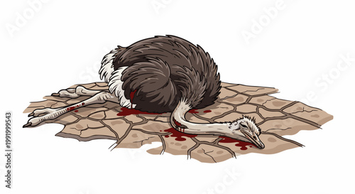 A dead ostrich lies on cracked dry earth, its body covered in blood