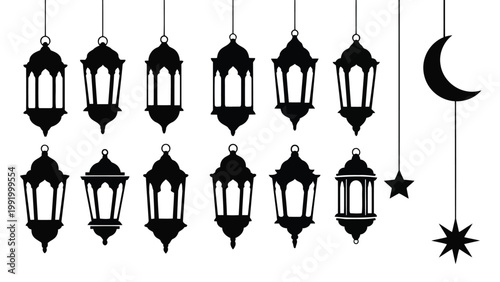 Elegant black lanterns and celestial symbols hanging in a decorative arrangement