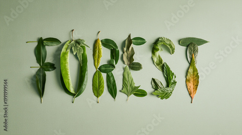 the word FOREST no other words are visible in the image. the text is made from out of different shaped leaves to create the letters onto a muted sage background