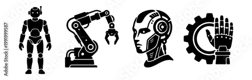 Robotic technology icons set, industrial automation vector, cyborg head art