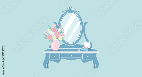 A decorative vanity with a bouquet of flowers, a jewelry box, and a perfume bottle
