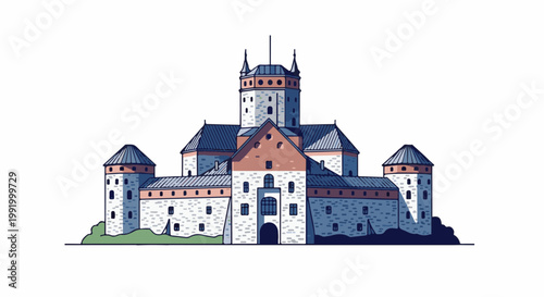 A detailed, flat-design illustration of a large, imposing stone castle with multiple towers and roofs