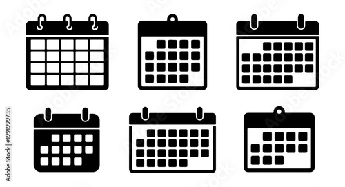Calendar icon set, black schedule vector symbols, 6 planning organizer signs