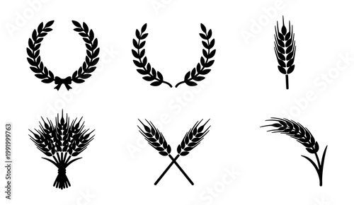 Wheat ear icons set, black laurel wreath vector, 6 organic grain symbols