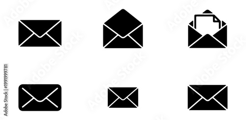 Minimalist envelope icon set, black mail vector symbols, 6 email UI elements