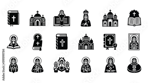 Historical and religious symbols depicted in black and white silhouette icons