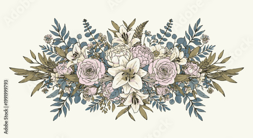 A delicate bouquet of pale pink roses, white lilies, and lush green foliage