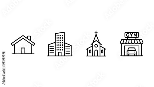 Minimal icons of urban buildings and architecture.