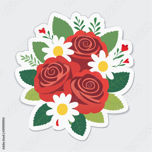 Red Roses and Daisies Floral Bouquet Illustration