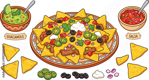 Nachos cartoon vector illustration with tortilla chips, cheese, jalapeno, guacamole and salsa, delicious Mexican food design for menu and restaurant use